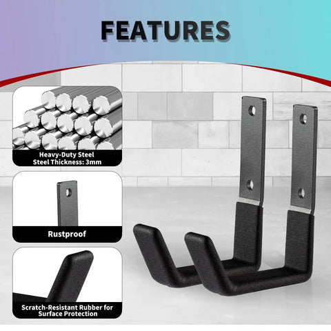 Beefy Heavy Duty Wall Mount Hooks Set For Garage And Garden, utility tool organizer, steel U hooks, 2 pack, anti-slip PVC coating