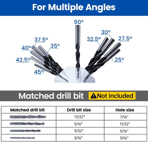 Heavy Duty Multi Angle Drill Guide Jig For Smooth Cable Railing Installations Gives You Dead On Accuracy For Wood Post Holes Without The Guesswork Featuring Reliable 25 To 45 Degree Stops with drill bits for multiple angles.