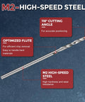 Angled side view of an M2 high-speed steel drill bit with spiral flute and 118° cutting angle.