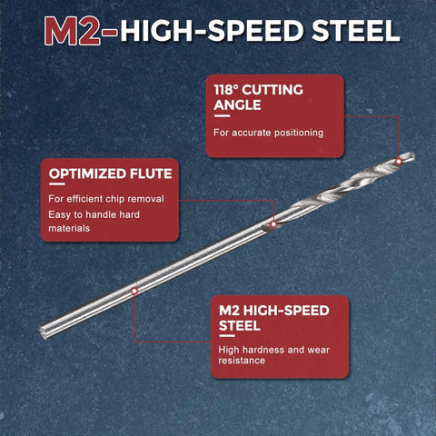 Angled side view of an M2 high-speed steel drill bit with spiral flute and 118° cutting angle.