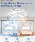 Slick Low Profile Ceiling Fan With Smart LED Light And Dual Remote And App Control Small Room Cooler Warm To Cool Adjustable Breeze Ultra Quiet White Finish For A Chill Setup showing reversible air circulation modes for summer and winter.