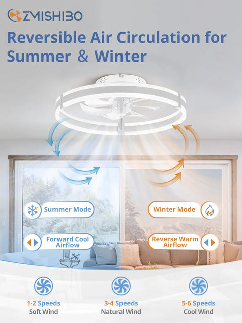 Slick Low Profile Ceiling Fan With Smart LED Light And Dual Remote And App Control Small Room Cooler Warm To Cool Adjustable Breeze Ultra Quiet White Finish For A Chill Setup showing reversible air circulation modes for summer and winter.
