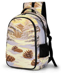 Winter Pine Landscape Backpack Unisex Daypack with cabin and pinecones, durable polyester, large capacity, side view