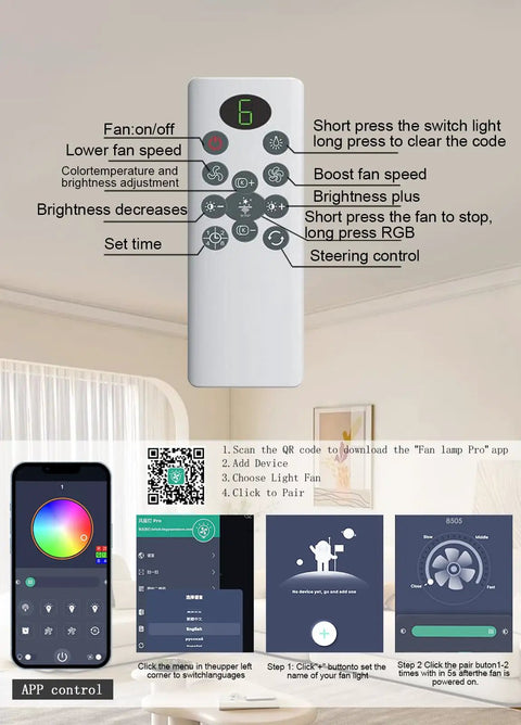 Remote control and app interface for 52 Inch Ceiling Fan With Light And Remote Control, 6 Speeds Reversible, Low Profile Flush Mount Ceiling Fan