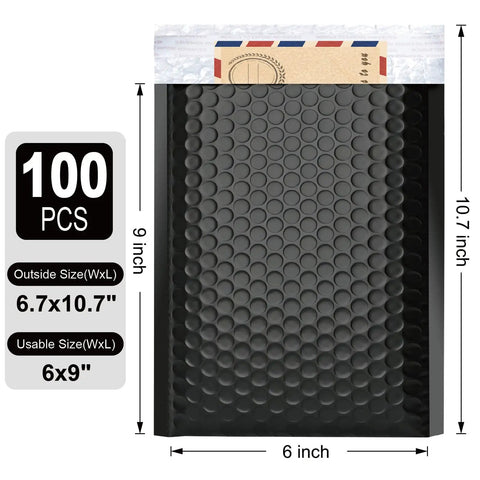 Black 6x10 Inch Bubble Mailers Self Sealing Padded Shipping Envelopes Waterproof Cushioned Mailers Bulk Pack For Small Biz Ecommerce Packaging And Shipping Supplies shown with measurements
