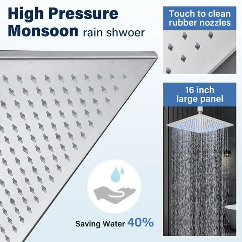 High Pressure Universal Rain Shower Head With LED Chrome Square Design 16 Inch Rainfall Waterfall Showerhead, Solid Brass Construction, Silicone Nozzles, Easy Install Ceiling Mount, Replacement Shower Head