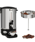 Commercial Coffee Urn 70 Cup Electric Coffee Dispenser Stainless Steel Hot Beverage Dispenser 10.7L Capacity For Parties Restaurants Offices And Homes, shown with coffee cup and grounds.