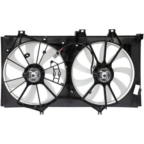 Street Proof Double Blade Radiator And Condenser Cooling Fan Assembly For Toyota Camry 2.5L Engine 2012 2017 view from front showing dual fans