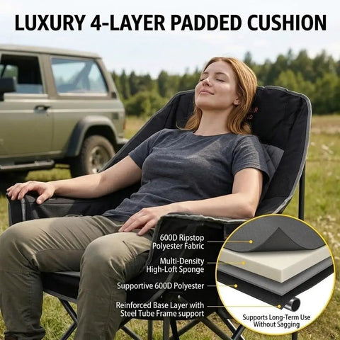 Woman relaxing on Two Pack Oversized Padded Camping Chair Heavy Duty Quad Fold Arm Chair Portable For Outdoor Use Supports Up To 500 Lbs With Diamond Quilted Cushion For Beastly Comfort Black in a field