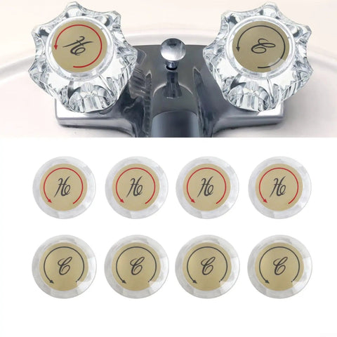 Upgrade Your Bathroom With These Stylish UrbanHui Acrylic Chrome Faucet Handle Cap Index Buttons. This 8 Piece Kit Includes Clear Hot Cold Indicators And Double Handle Sink Shower Knob Markers For Kitchen And Bathrooms, Featuring Precise 34 Inch Fit. 8-piece acrylic chrome hot cold faucet index buttons on sink knob