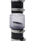 Front view of PumpSpy 1-1/2 in check valve with Buna-N couplings and steel clamps