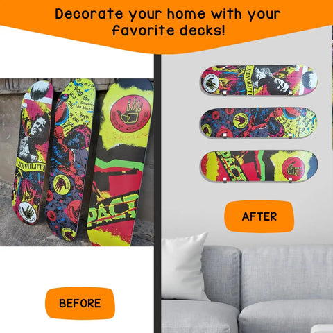 Before and after using Four Pack Aluminum Wall Mount Skateboard Racks For Display And Storage Of Skateboard Decks And Longboards