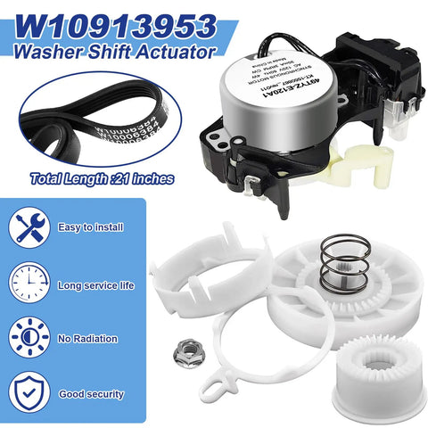 Rock Solid Washer Shift Actuator And Pulley Clutch Kit With Heavy Duty Drive Belt For Whirlpool Maytag Kenmore Amana, includes motor and parts.