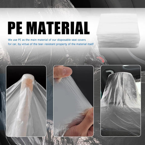 Disposable Car Seat Covers 25 Pack Portable Seat Protectors For Cars Keep Your Seats Dust Free And Clean Transparent Auto Interior Shields Easy To Use Travel Ready Mess Proof Seat Cover Kit showing PE material details.