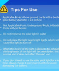 Blue informational sheet with tips for using Six Pack Solar Pool Lights For Framed Above Ground Pools Waterproof Outdoor Garden Night Lights Easy Install Warm White Glow For Pool Deck Fence And Yard Decor Gray