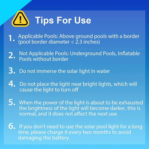 Blue informational sheet with tips for using Six Pack Solar Pool Lights For Framed Above Ground Pools Waterproof Outdoor Garden Night Lights Easy Install Warm White Glow For Pool Deck Fence And Yard Decor Gray