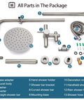 Components of Outdoor Shower Fixture Set In Brushed Nickel With 8 Inch Rainfall Head, 2 In 1 Handheld Spray, Mounting Parts Included