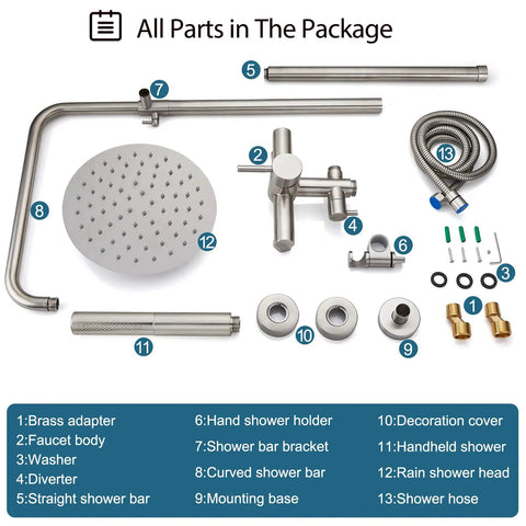 Components of Outdoor Shower Fixture Set In Brushed Nickel With 8 Inch Rainfall Head, 2 In 1 Handheld Spray, Mounting Parts Included