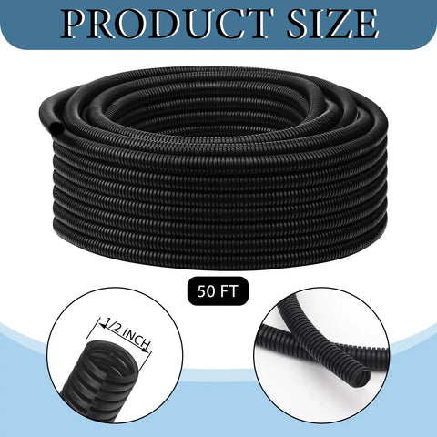 Heavy duty split wire loom tubing, black, half inch diameter, 50 ft length, shown coiled and detailed close-up of ends and thickness.