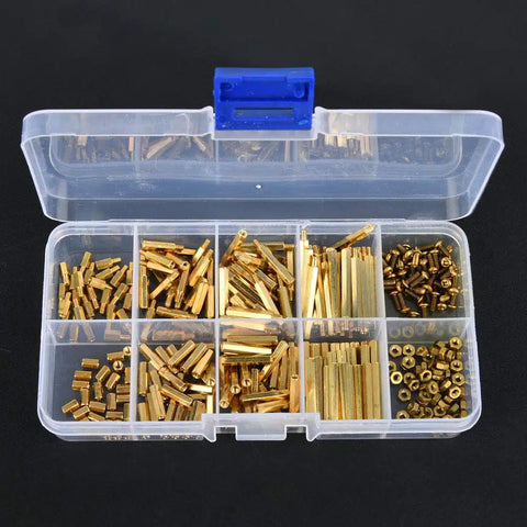 Brass Hex Spacers Standoffs Screws Nuts 320 Piece All In One Assortment Kit For M2 Threads Durable Hardware Gear For Electronics Robotics And DIY Projects High Strength Precise Threads Sturdy Storage Box in plastic organizer