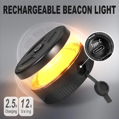 USB-C Wireless Beacon Light With 32 LED Strobe, Magnetic Mount, showing charging port and light emission details