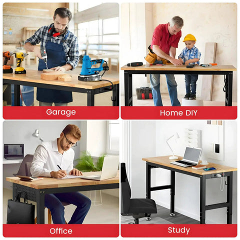 Built Tough 48 Inch Workbench With Rock Solid Rubberwood Top Adjustable Steel Frame Pegboard Rack Built In Power Outlet Garage Work Table For Shop And Home Setup
