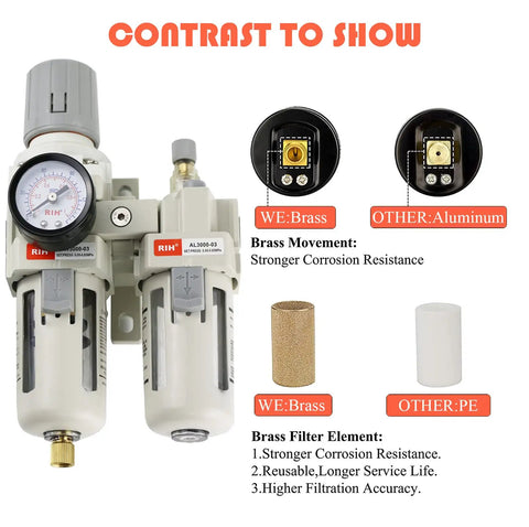 3/8 NPT Air Filter Regulator Lubricator Combo Unit with brass, aluminum parts, and gauge for precise air regulation 0-150 PSI