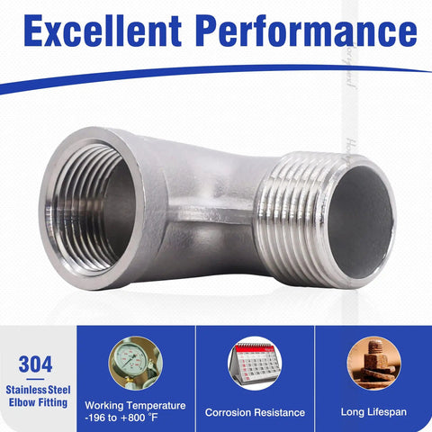 Stainless Steel NPT Three Quarter Inch Elbow Fitting 90 Degree With Male And Female Threads For Water Air Hose And PVC Tubing