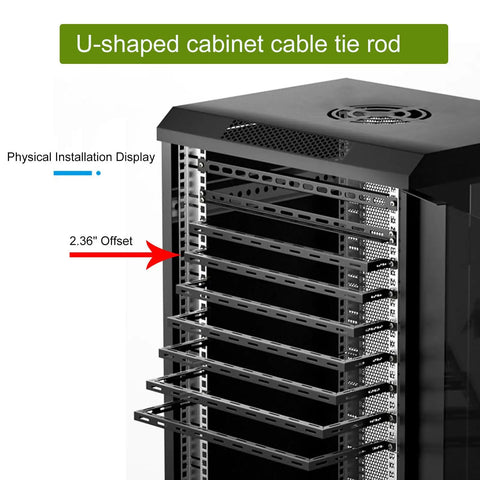Heavy-Duty 0.5U Server Rack Cable Lacing U-Bar, 19 Inch Horizontal Mount Steel Bar installed showing 2.36" offset.