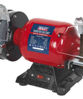 Workhorse 150Mm Bench Grinder Equipped With A Beefy 450W Induction Motor dual grinding wheels and heavy steel wire brush side view.
