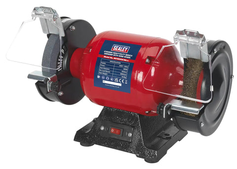 Workhorse 150Mm Bench Grinder Equipped With A Beefy 450W Induction Motor dual grinding wheels and heavy steel wire brush side view.