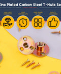 Zinc plated carbon steel T-nuts set from Rock Solid M10 Brad Hole Tee Nuts With Heavy Duty Carbon Steel T Nuts.