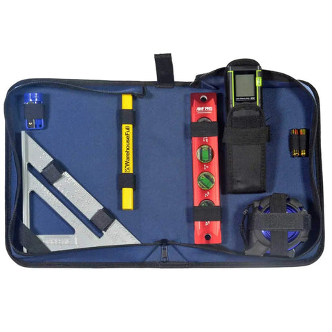 Hella Precise Laser Distance Measuring Kit With Slick Carry Case For Jobsite Tasks, compact tools secured in pouch.