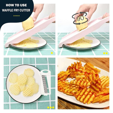 NACOLUS pink 5-in-1 mandoline slicer with peeler; used to create veggie slices and waffle fries.