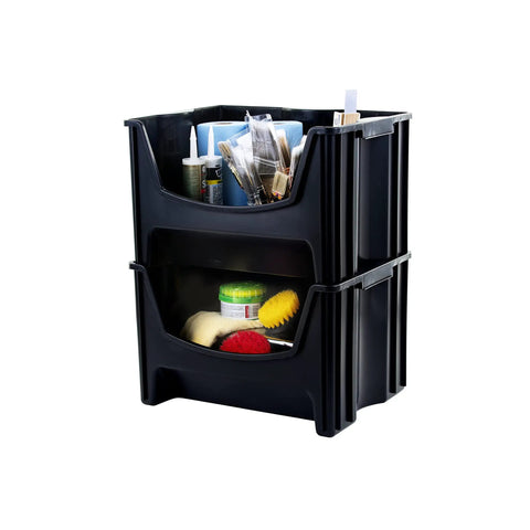 Jumbo Stackable Storage Bins Pack Of 3 With Large Easy Grip Handles And Wide Front Opening For Quick Access Interlocking And Vertical Stacking Heavy Duty Rust And Water Resistant Black filled with supplies