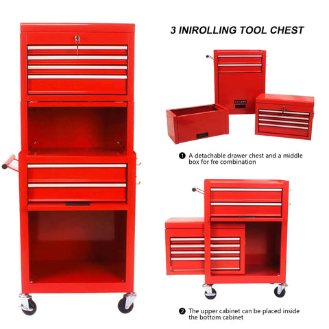 Heavy Duty 6 Drawer Rolling Tool Chest With Lockable Mobile Cabinet For Garage Workshop shown in red with detachable drawer chest.