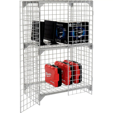 Heavy Duty As Hell One Tier Two Door Wire Mesh Security Locker Gray With Adjustable Inner Shelf Swinging Cabinet Doors For Warehouse displaying tools.