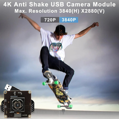 Skateboarder mid-air with 4K USB Camera Module With IBIS Stabilization Anti Shake 11MP Autofocus Lens, product shown at bottom left corner