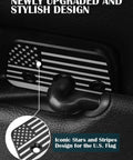 Aluminum Alloy Sun Visor Repair Kit For Jeep Wrangler JK JL And Gladiator Keeps Your Sagging Visor Tight And Secure With Easy Install American Flag Sun Visor Clips For 2018 2019 2020 2021 2022 2023 Models, detail showing black anodized clip with American flag design.