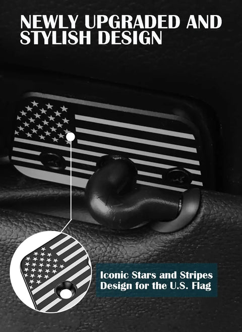Aluminum Alloy Sun Visor Repair Kit For Jeep Wrangler JK JL And Gladiator Keeps Your Sagging Visor Tight And Secure With Easy Install American Flag Sun Visor Clips For 2018 2019 2020 2021 2022 2023 Models, detail showing black anodized clip with American flag design.