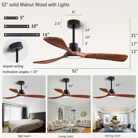 52 Inch Ceiling Fan With Remote And Dimmable Lights, Color Temperature Control, Solid Wood Blades In Mahogany Finish, Indoor Outdoor Use