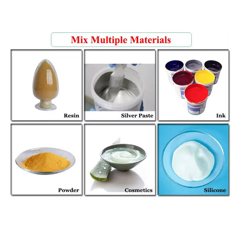 Image showing different materials like resin, silver paste, ink, powder, cosmetics, and silicone for use with Fully Automatic Solder Paste Cream Mixer For Tin Paste And Cream Centrifugal Agitator Mixer With Adjustable Timer Pro Grade Solder Paste Mixing Machine For Precision PCB Assembly RPM Range From Three Hundred To One Thousand Two Hundred.