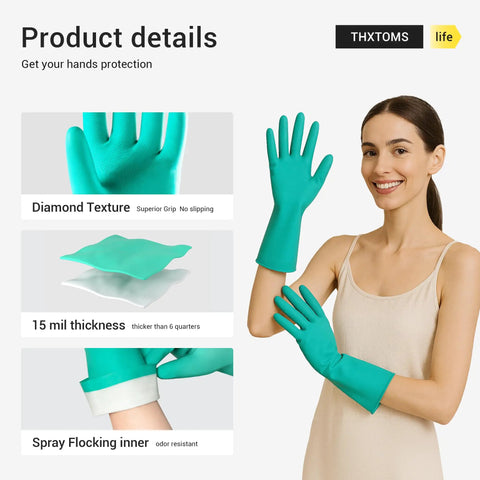 Heavy Duty Nitrile Chemical Resistant Gloves Five Pair Set 15 Mil Thick Latex Free Medium with extended cuffs, showcasing diamond texture.