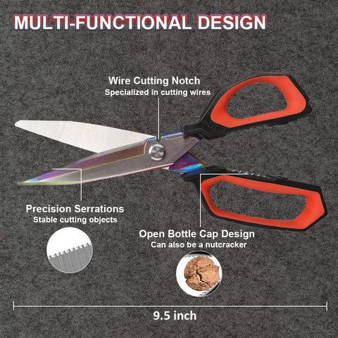 Heavy Duty Titanium Coated Utility Scissors 9.5 Inch With Forged Stainless Steel Blades, Industrial Grade Shears For Garage Construction Cardboard Wire Leather Carpet, Easy Cutting Power For Thick Materials That Last. 9.5 inch scissors with wire notch and serrated blade
