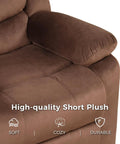 Close-up of Manual Recliner Chair for Adults With Overstuffed Arms and Back Upholstered Fabric Sofa for Living Room in brown