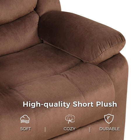 Close-up of Manual Recliner Chair for Adults With Overstuffed Arms and Back Upholstered Fabric Sofa for Living Room in brown