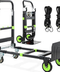 3-In-1 Folding Hand Truck Dolly With Retractable Handle And Four Wheels, shown folded and expanded with bungee cords