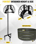 Heavy Duty Freestanding Garden Hose Holder With 50ft Kink-Free Water Hose Kit, alloy steel, dimensions displayed, outdoor use.