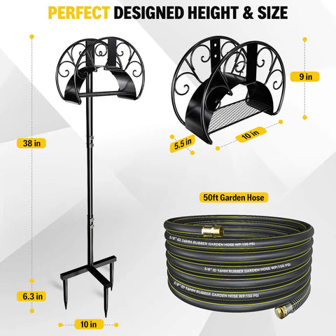 Heavy Duty Freestanding Garden Hose Holder With 50ft Kink-Free Water Hose Kit, alloy steel, dimensions displayed, outdoor use.