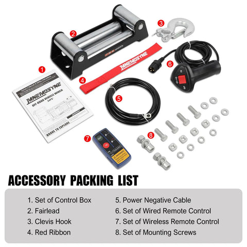 Accessory packing list for Heavy Duty 13500lbs Electric Winch With Wireless Remote 12V System And Stainless Steel Cable.